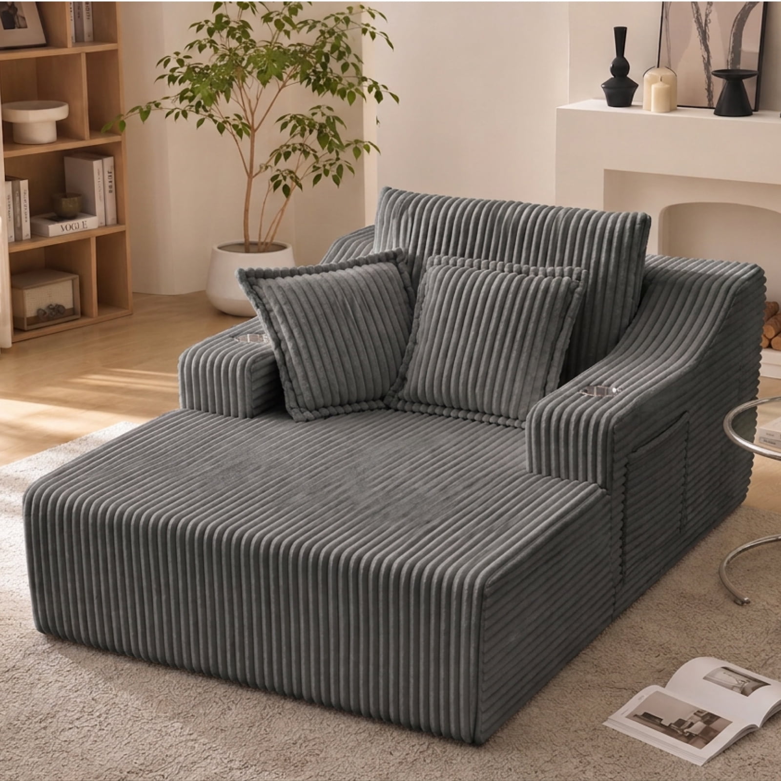 47" Wide Oversized Single Chaise Lounge Chair, 67'' Sleeper Sofa Bed with Cup Holders & 3 Pillows
