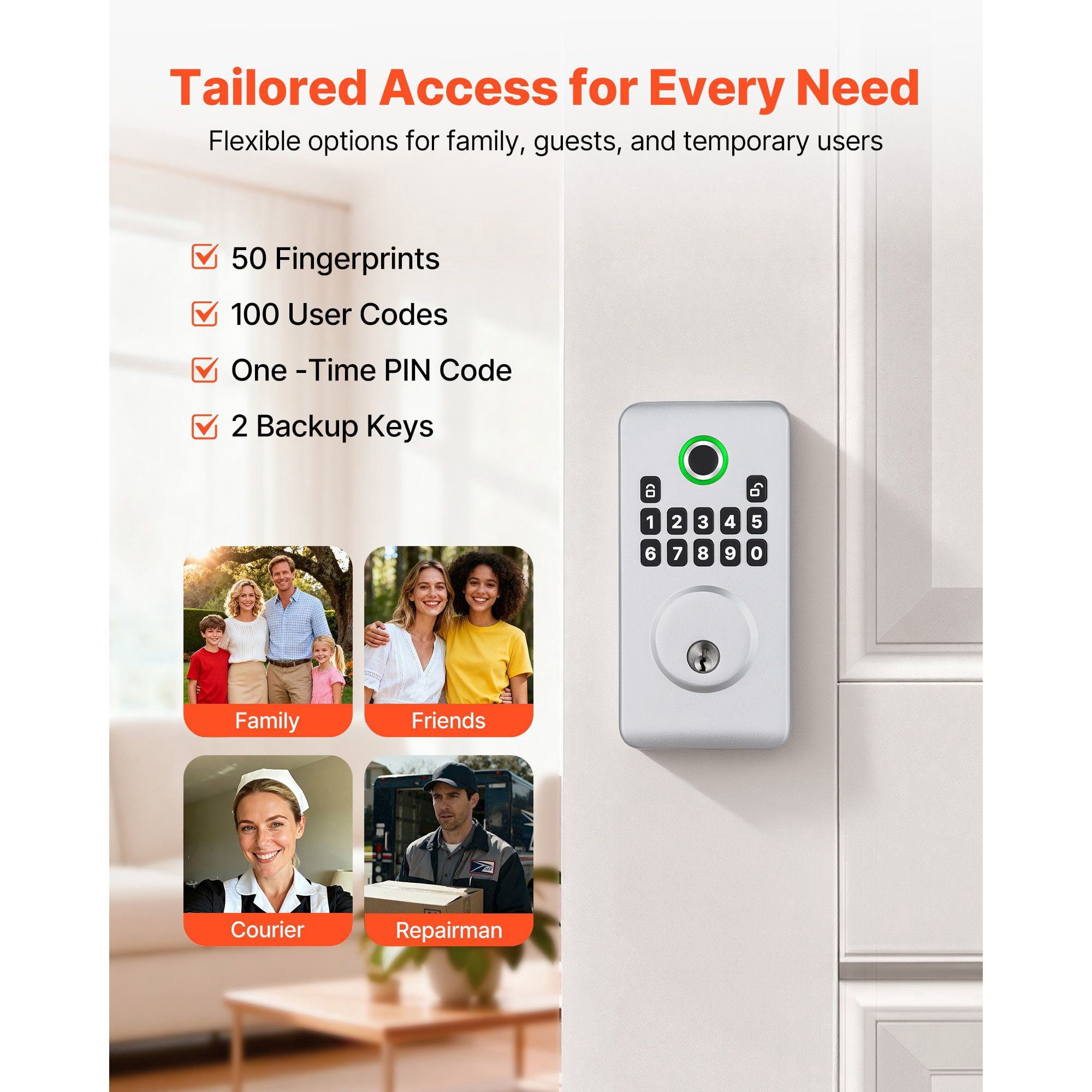 Fingerprint Door Lock, Electronic Biometric Deadbolt with Easy-Grip Design, Auto Locking, One-Time Code, Anti-Peeping, Keyless Entry for Home Apartment Silver
