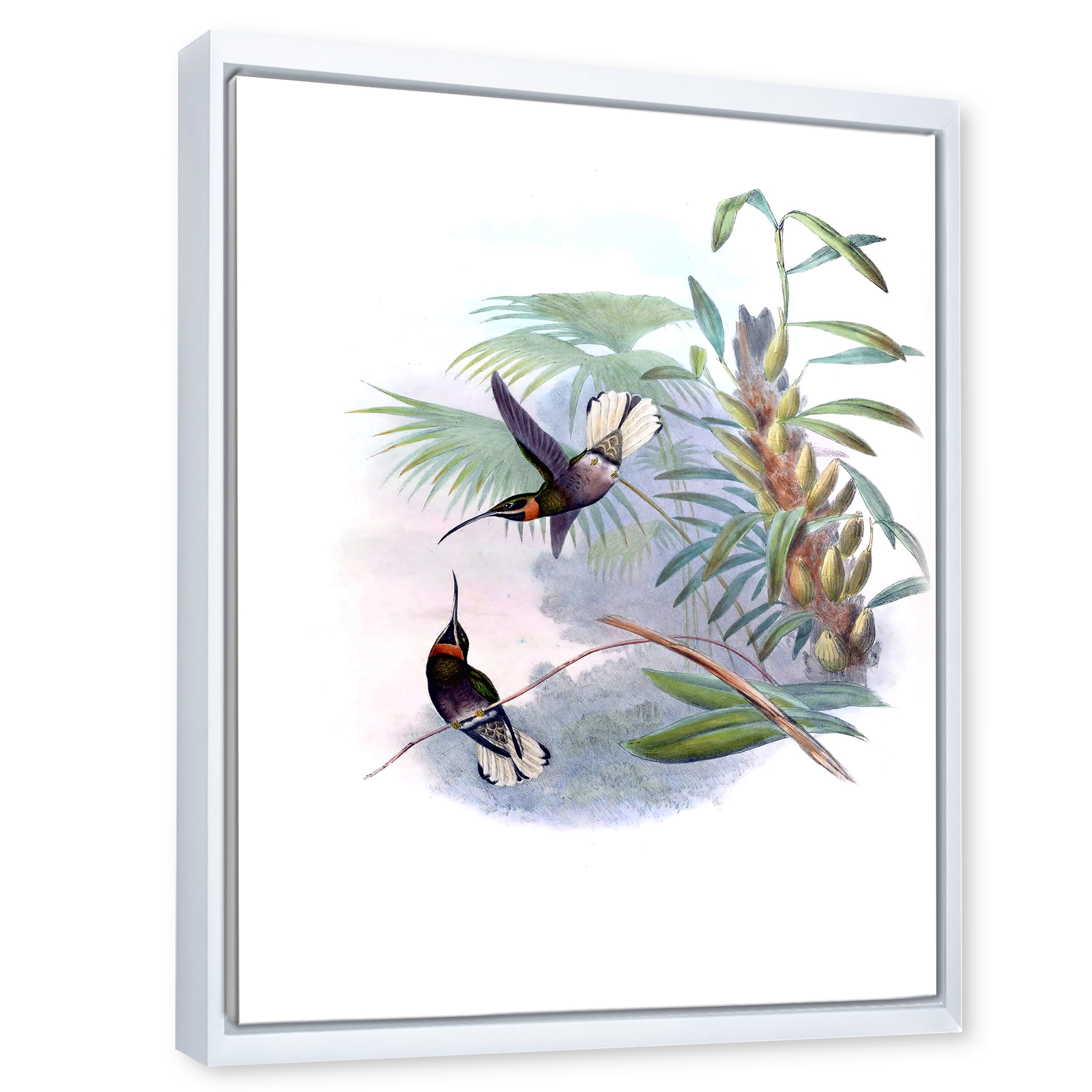 Ancient Hummingbird On A Branch 24 in x 32 in Framed Painting Canvas Art Print, by Designart