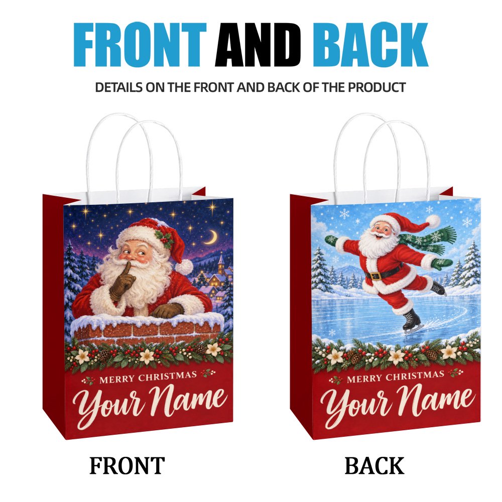 Personalized Christmas Gift Bags With Handles Custom Name Medium Paper Gift Bags 8 Pack Front And Back Printed Santa Design Holiday Party Favor Gift Wrapping Bags
