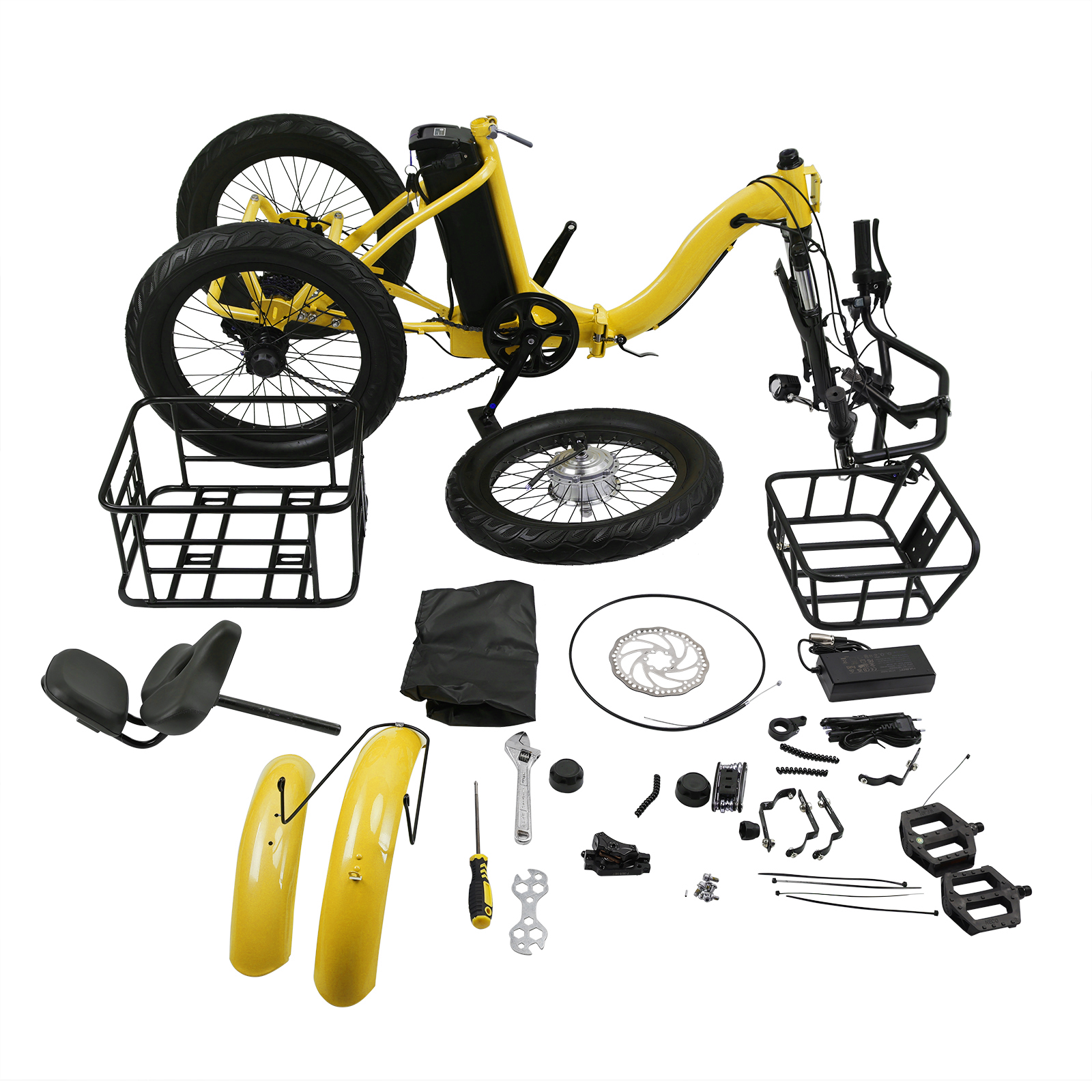 Electric Tricycle for Adults, 18-inch Fat Tire Electric Trike, 3 Wheel Folding Electric Tricycle, 22MPH 27Miles Long Range 7 Speed Ebike, Yellow