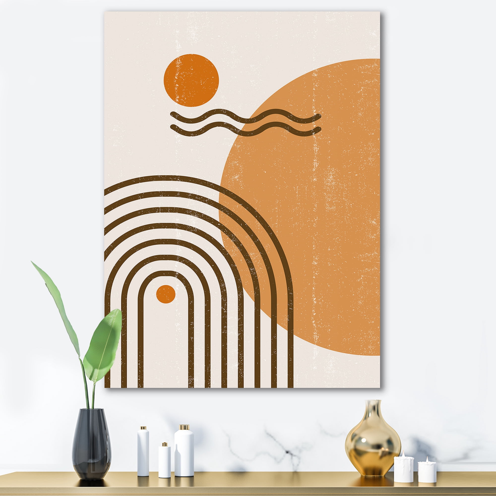 Designart ' Abstract Rainbow Moon and Sun In Earth Tones II ' Modern Canvas Wall Art Print