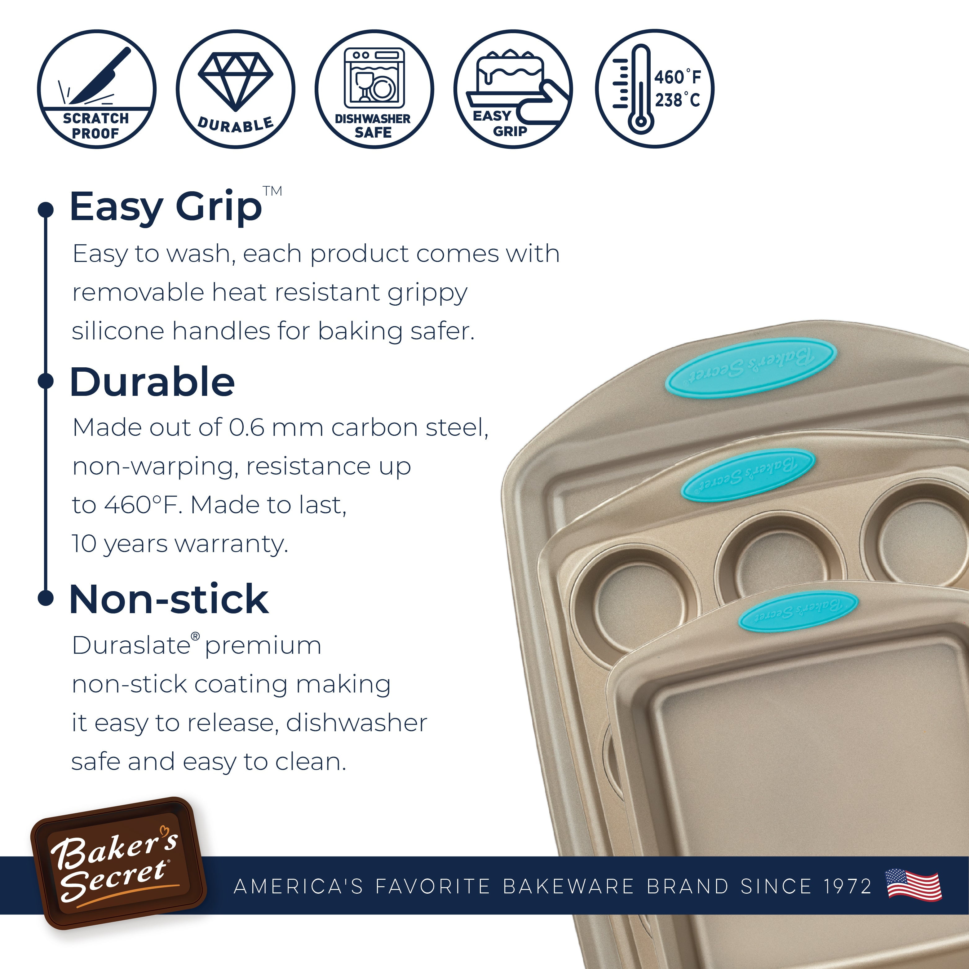 Baker's Secret Bakeware sets - 5x Bakeware Pans -Baking Dishes for Oven, Nonstick, with Cookie Sheet, 12cup Muffin pan, Loaf pan, Cake round and square pan, Non stick baking pans sets for all bakers