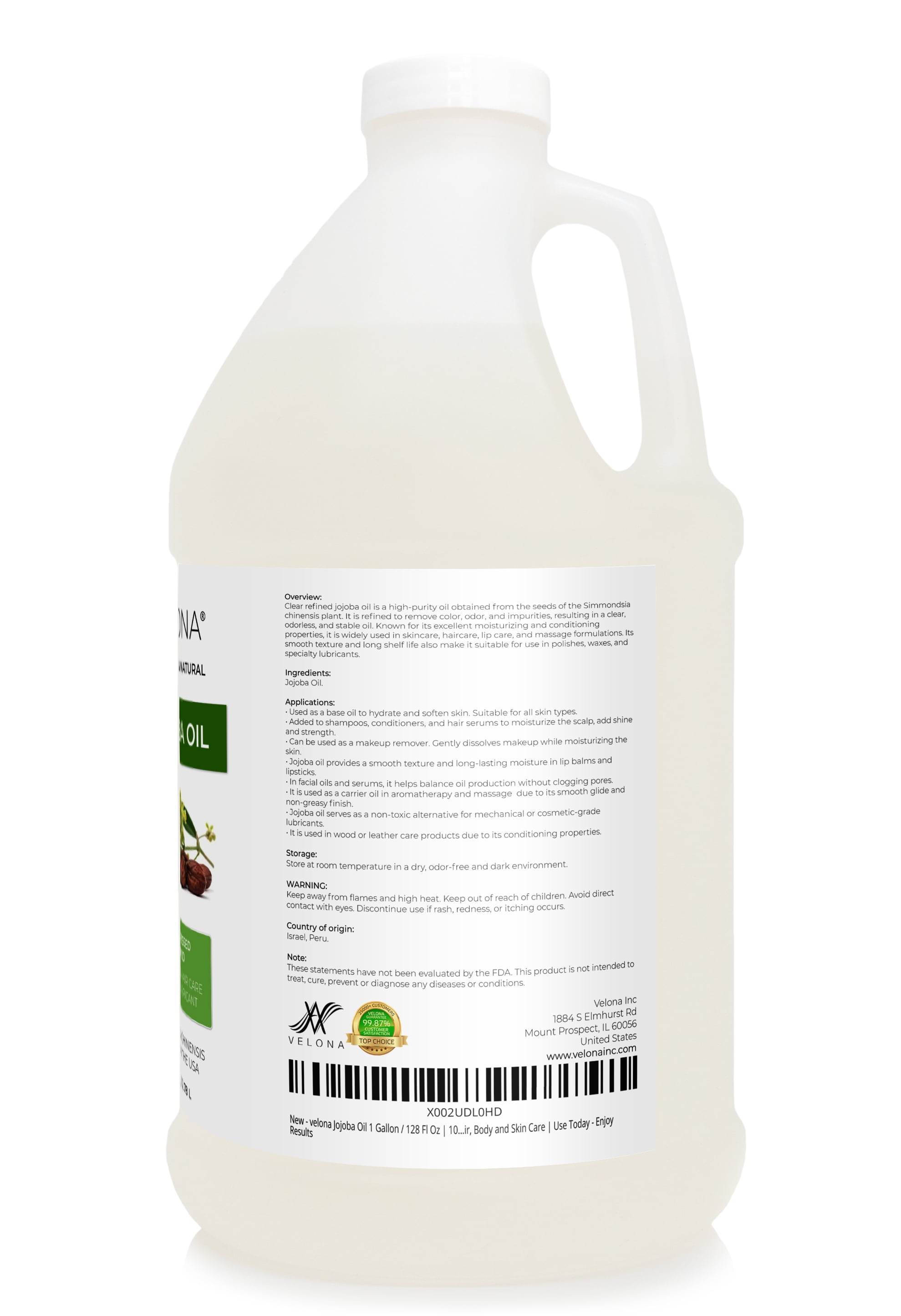 Jojoba Oil by Velona - 1 Gallon / 128 Fl Oz | 100% Pure and Natural Carrier Oil | Clear, Refined, Cold Pressed | Moisturizing Face, Hair, Body and Skin Care | Use Today - Enjoy Results