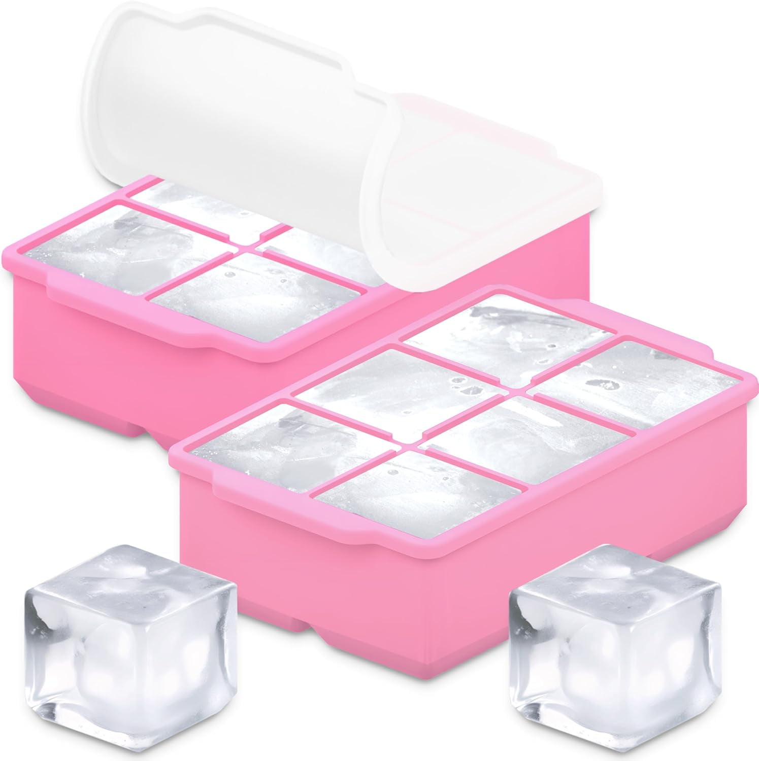 Large Silicone Ice Cube Tray 2-Pack with Lid, Easy Release Big 2-Inch Ice Molds for Cocktails and Whiskey, Stackable Freezer Trays Durable Black