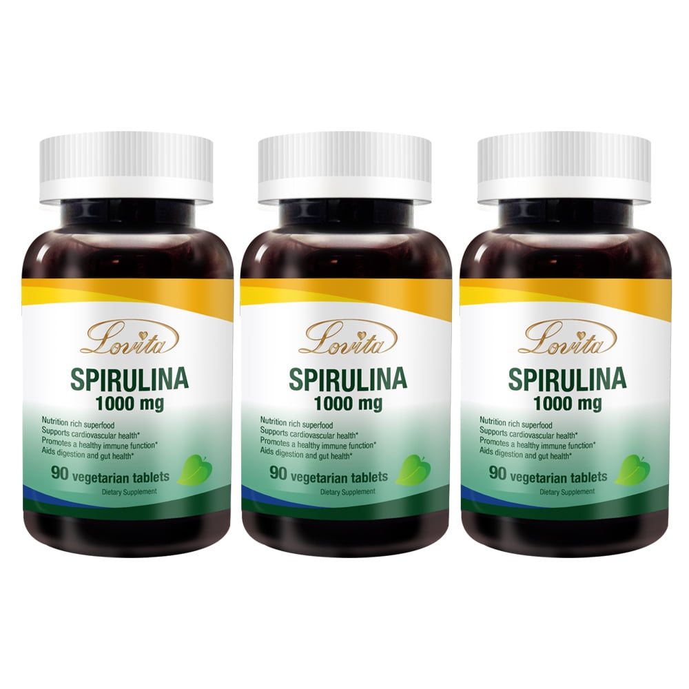Lovita Natural Spirulina 1000mg, Maximum Strength, Vegan Spirulina Tablets, Natural Multivitamin Superfood, Non-Irradiated, 90 Vegetarian Tablets (Pack of 3)