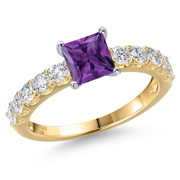 Gem Stone King 14K Two Tone Gold Purple Amethyst and Lab Grown Diamond Engagement Ring for Women | 1.30 Cttw | Princess 5MM | Gemstone February Birthstone | Size 5