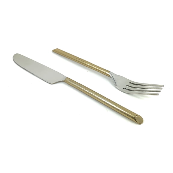 Golden Dinner Forks and Dinner Knives Set of 8 pieces (Cut Hammered, Stainless Steel)