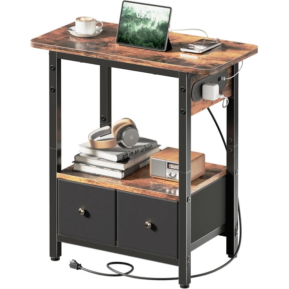 Nightstand with Charging Station, Bedside Table with 2 Fabric Drawers and Large Storage Shelf for Small Space, End Table with Outlet and USB Ports for Living Room, Bedroom (Rustic Brown)