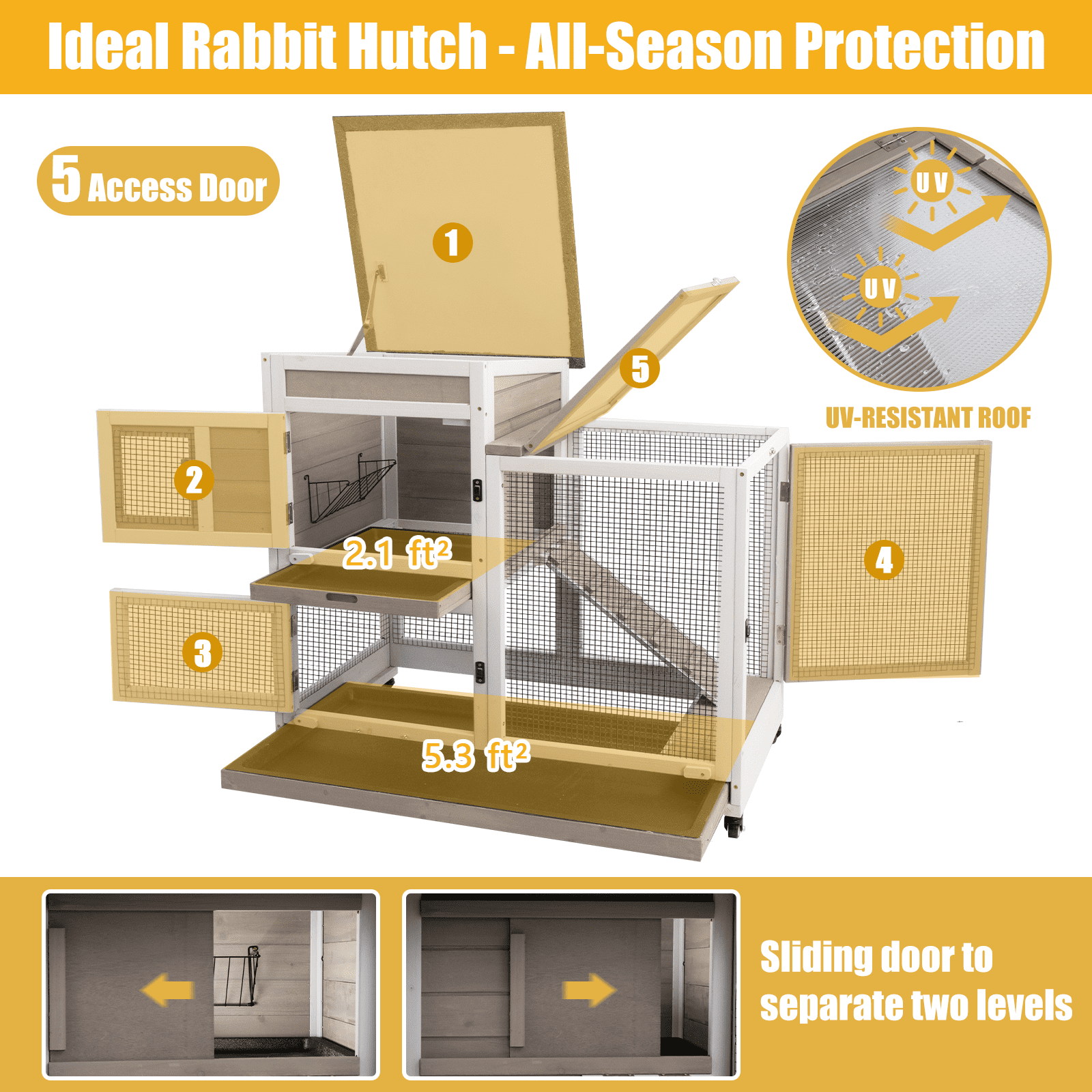 Gowoodhut Rabbit Hutch Indoor Large 2-Story Outdoor Wooden Bunny Hutch with Run on Wheels, Gray