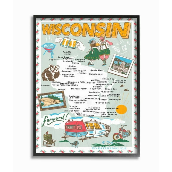 The Stupell Home Decor Collection Wisconsin Pale Blue Illustrated Scenic Map Poster Framed Giclee Texturized Art