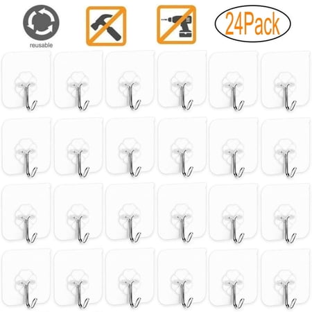 LNKOO 24 Packs 22lb/10kg(Max) Utility Adhesive Stainless Steel Wall Hooks for Towel Loofah Bathrobe Coats,Bathroom Kitchen Nail Free Transparent Heavy Duty Wall Hook & Ceiling Hanger