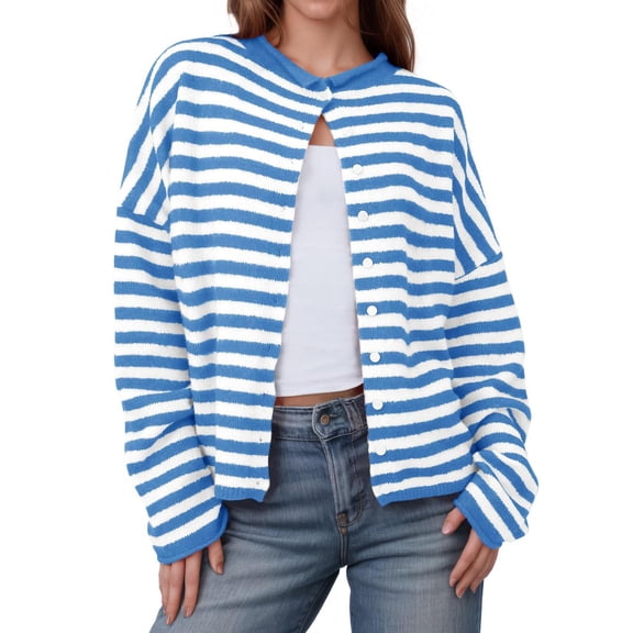 Womens Striped Cardigan Casual Long Sleeve Open Front Button down Loose Knit Lightweight Fall Sweaters (XL, Sky Blue)