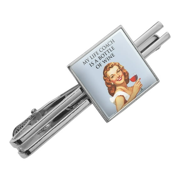 My Life Coach is a Bottle of Wine Funny Humor Square Tie Bar Clip Clasp Tack- Silver or Gold