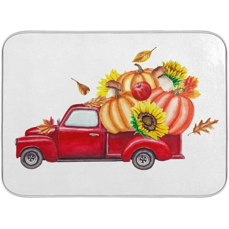 

Autumn Farm Red Truck Vintage Fall Pumpkin Dish Drying Mat for Kitchen Ccounter Absorbent Microfiber Small Drying Pad Dish mats for Kitchen Countertops 16 x 18 Inch