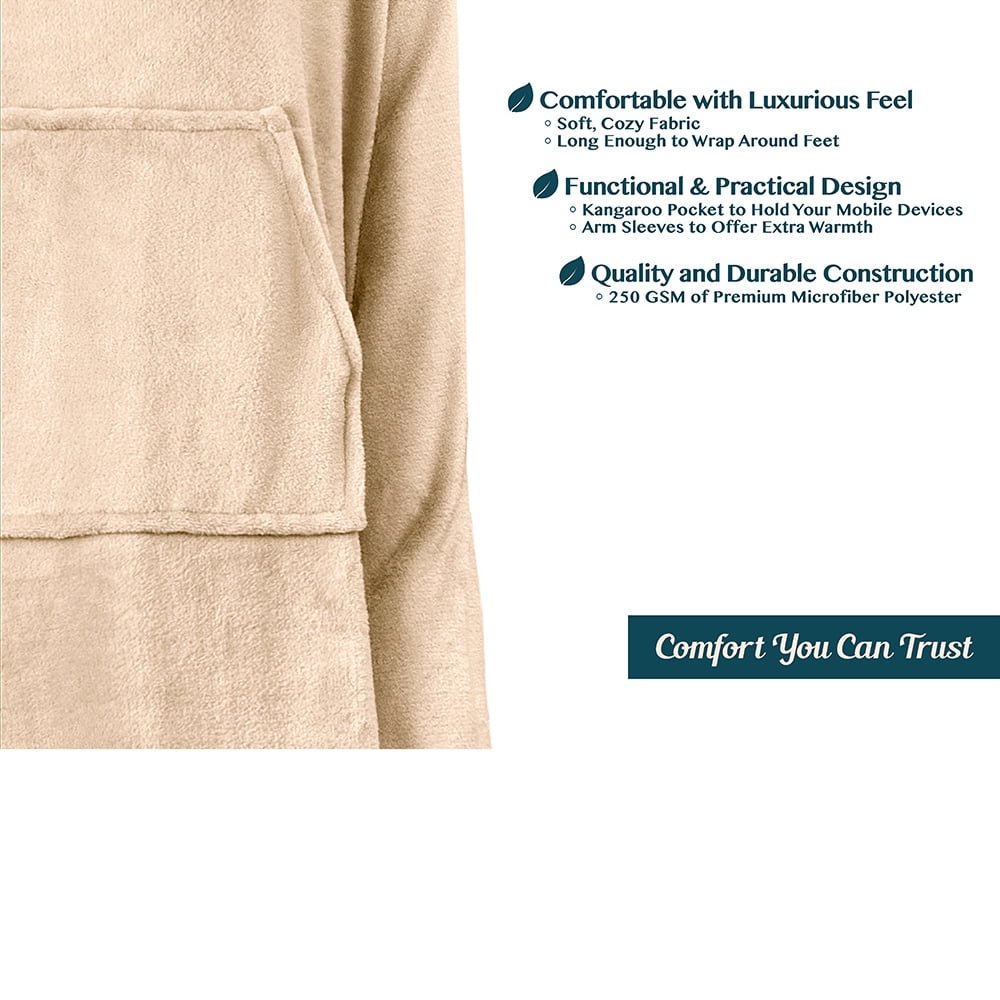 PAVILIA Beige Cream Fleece Wearable Blanket with Sleeves for Adults Women Men, Soft Warm Full Body Wrap Throw, Sweatshirt Pocket, Cozy Pullover Robe Blanket with Arm, Gifts for Christmas Mom Wife