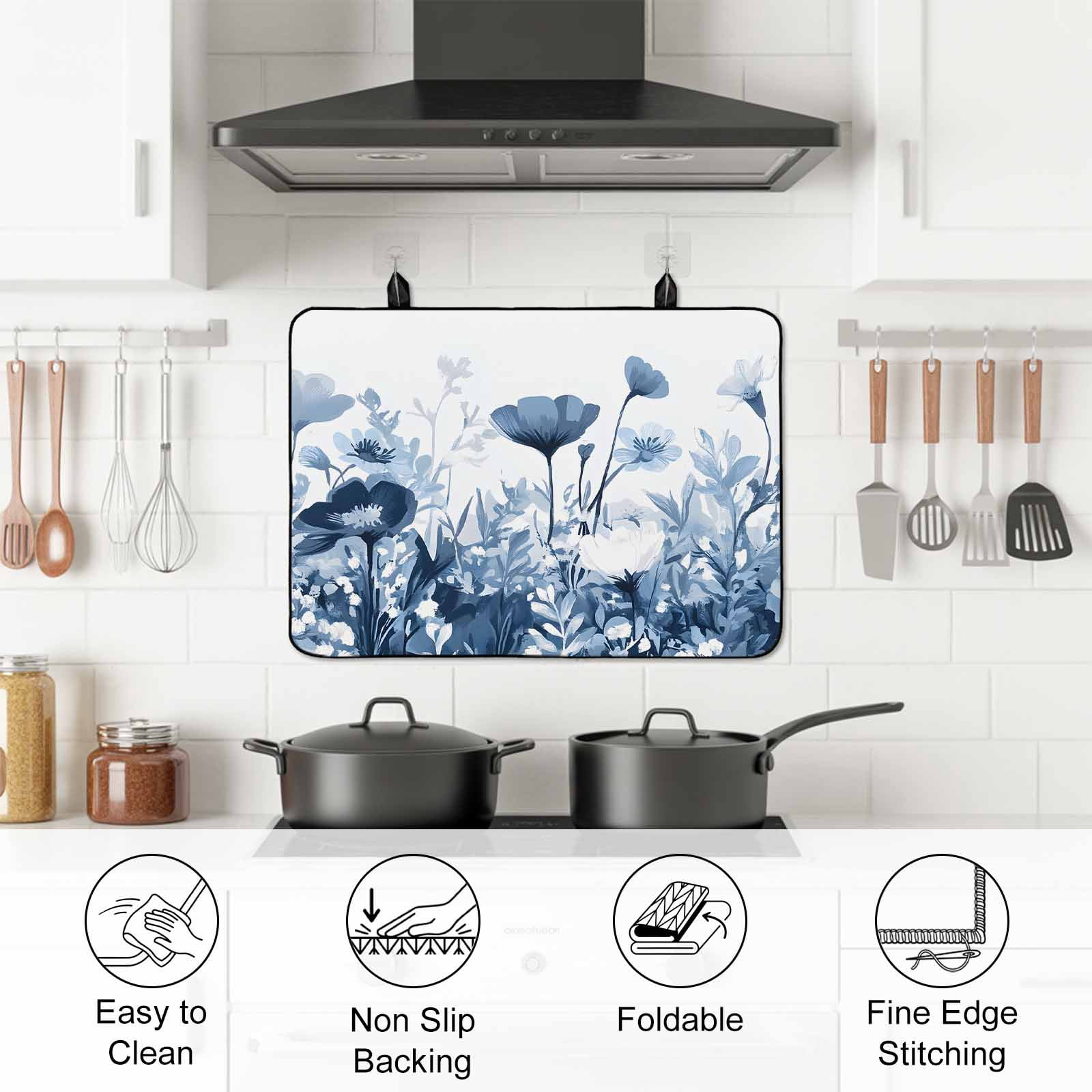 Navy Blue Flowers Stove Top Cover for Electric Stove, Heat-proof & Non Slip Glass Top Stove Cover Protector, Summer Pastoral Botanical Kitchen Flat Cooktop Rubber Mat 24x21 Inches