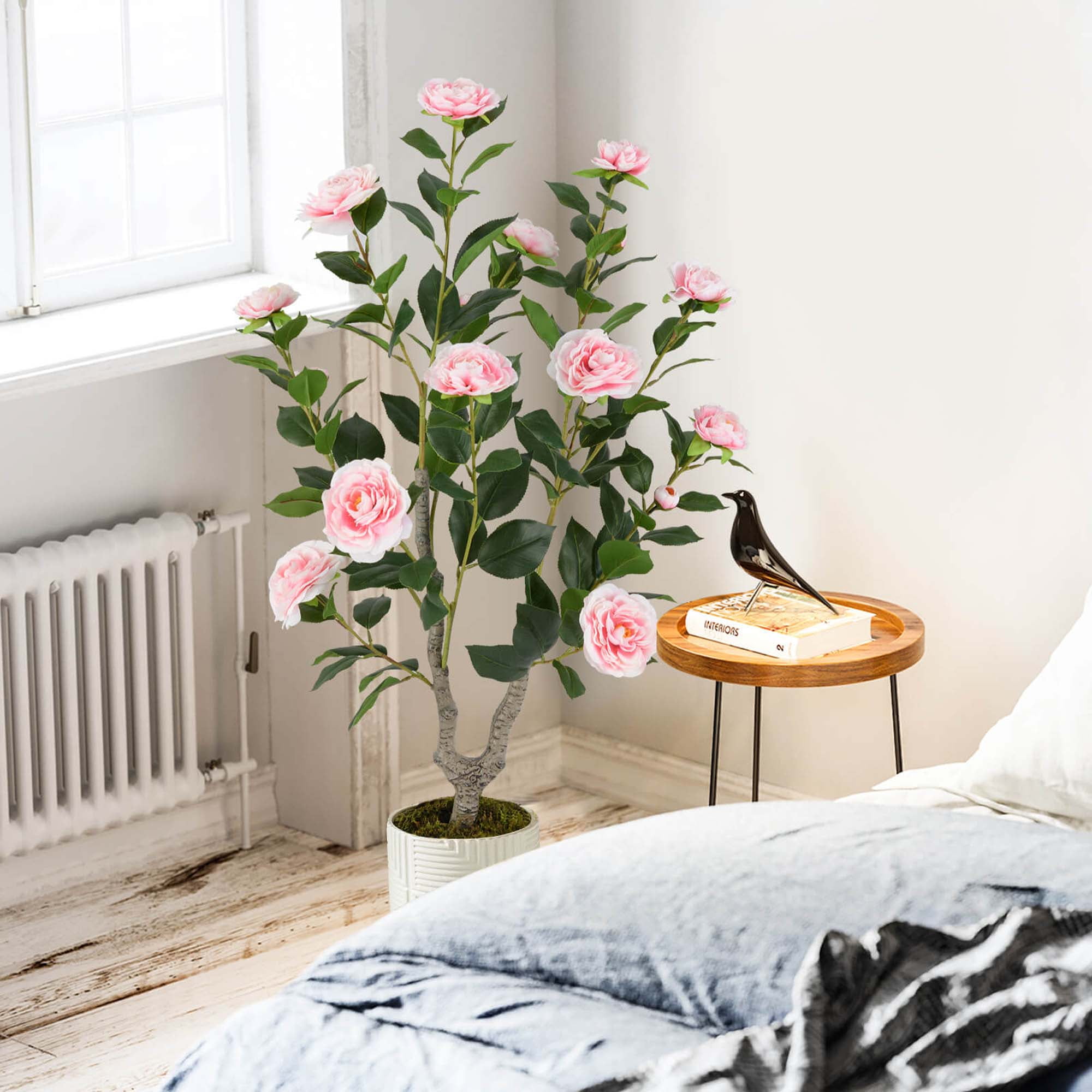 Costway 1 PCS 36" Artificial Camellia Tree Fake Potted Tree Greenery Floral Plant Modern Pink