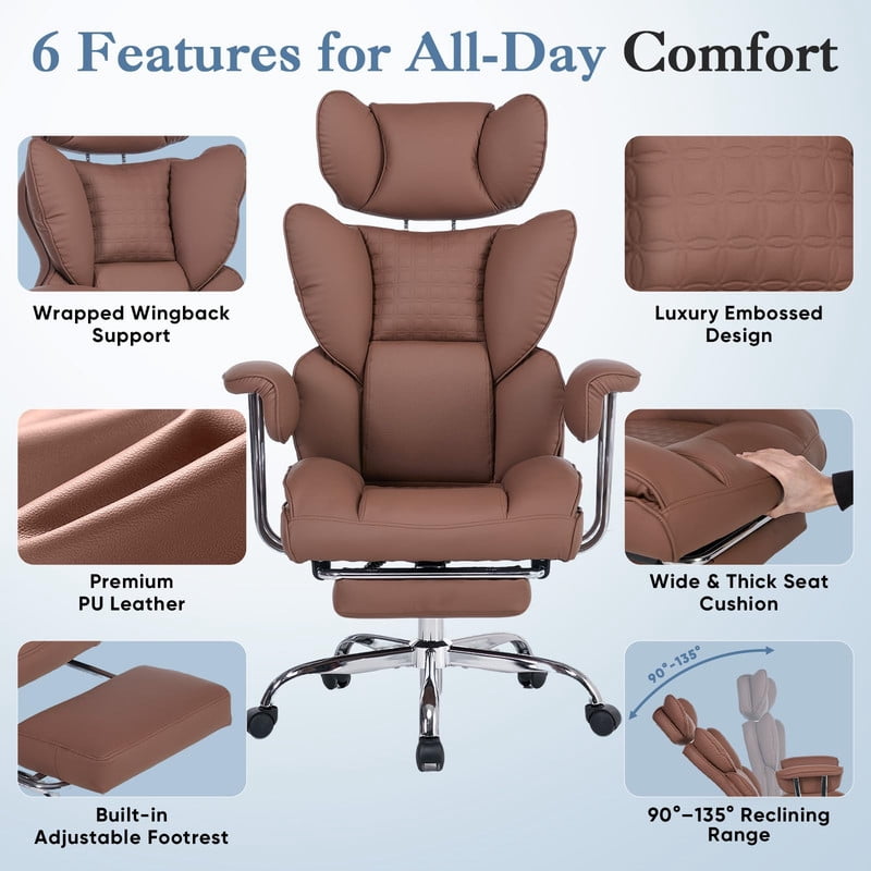 Simple Deluxe 350lbs Executive Heavy Duty Office Chair for Big & Tall, PU Leather Ergonomic Reclining Desk Chair with Footrest, Pocket Spring Cushion, Brown