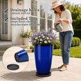 thumbnail image 5 of FIASON 2 Pack 21 Inch Tall Planters, Glossy Ceramic Blue Plant Pots with Drainage Hole & 2-in-1 Saucer, Large Indoor Outdoor Flower Pots for Front Porch Patio Balcony, 5 of 11