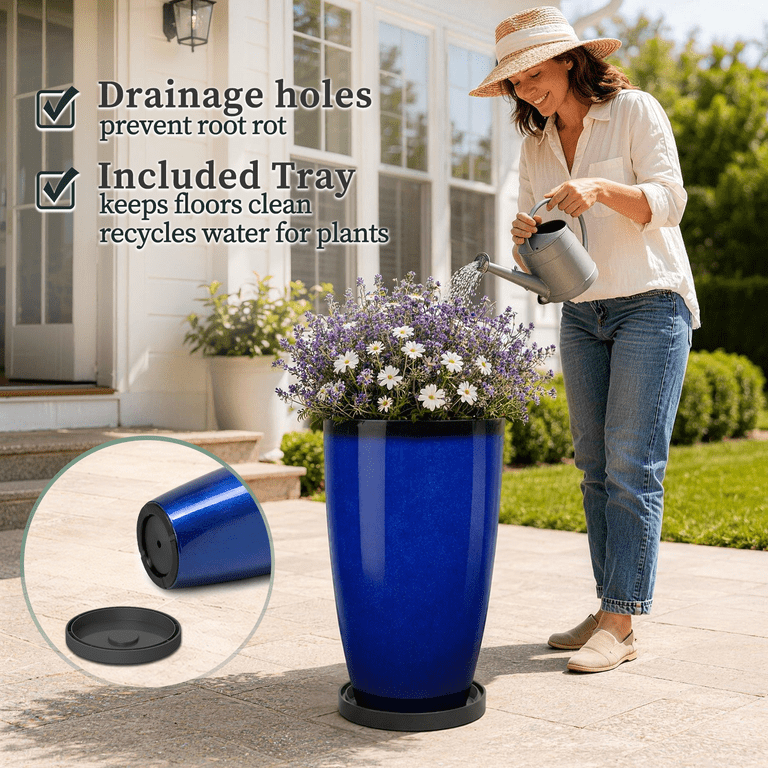 Fiason 2-Pack 21 Inch Tall Blue Ceramic Planters photo 5