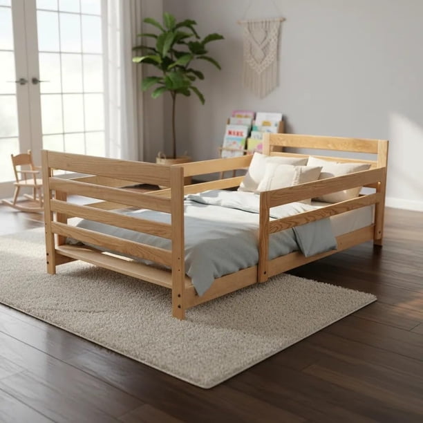 Cama Infantil Individual Venecia Montessori Con Barandales Cera Transparente Muebles GM
