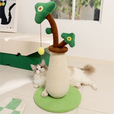 LUMAMIN Cat Scratching Post, Indoor Single Potted Plant Shape Sisal Kitten Cat Scratcher Posts with Interactive Spring Ball Toy, 26.4"H