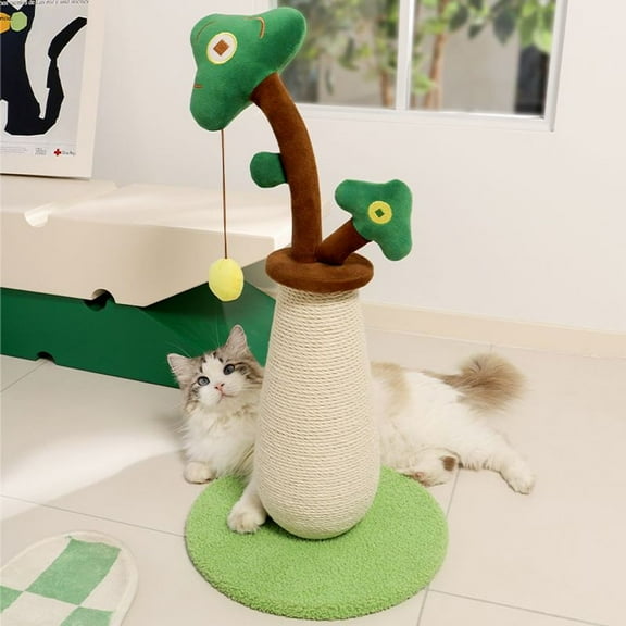 LUMAMIN Cat Scratching Post, Indoor Single Potted Plant Shape Sisal Kitten Cat Scratcher Posts with Interactive Spring Ball Toy, 26.4"H