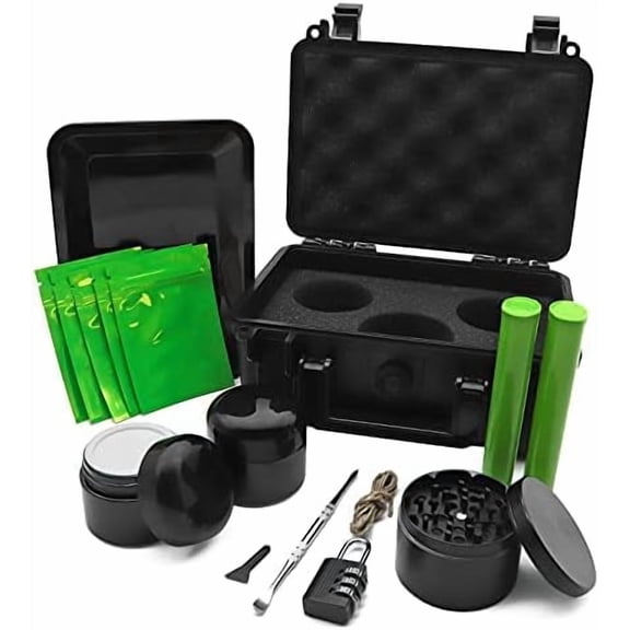 Smell Proof Storage Box - ABS Plastic Storage Container with Lock - Portable Waterproof Box - Black Padded Storage Box - 14 Piece Accessories Kit Set Suit for Travel Gifts
