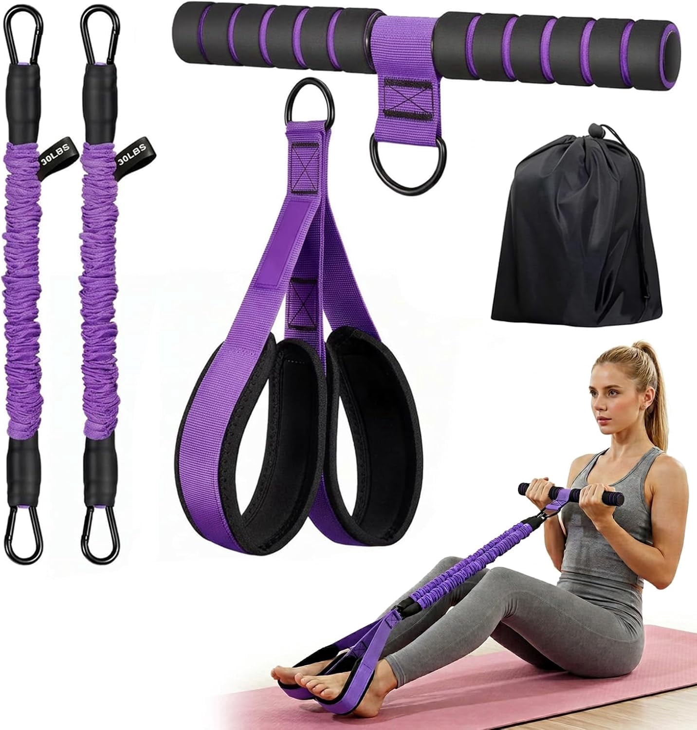 Upgraded Pedal Resistance Band with Handle, Adjustable 30-60LBS Exercise Bands for Home Gym, Sit Up Equipment for Full Body Workout, Core, Abs, Legs, Arms - Portable Workout Equipment for Women & Men