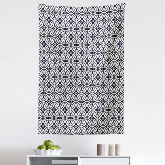 Geometric Tapestry, Symmetrical Circular Pattern Floral Elements Japanese Mandala Flower Foliage, Fabric Wall Hanging Decor for Bedroom Living Room Dorm, 5 Sizes, Dark Blue Cream, by Ambesonne