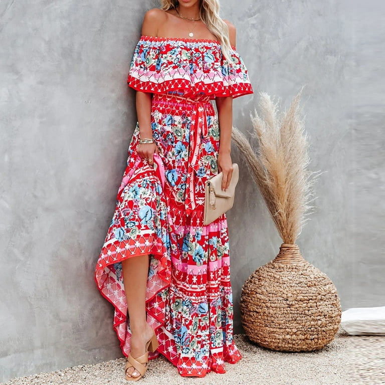 Womens Off the Shoulder Dresses Floral Print Tunic Strapless Bandeau  Holiday Dress Casual Sexy Sleeveless Long Sundress 