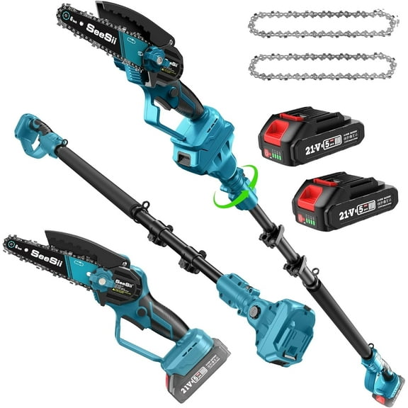 Seesii 2-in-1 Cordless Pole Saw, 6 Inch Brushless Pole Chainsaws, 21V Mini Handheld Chainsaw with 2x 2.0Ah Batteries, 2x Chains, Auto Oiler, 16FT MAX Extension Pole for Tree Trimming
