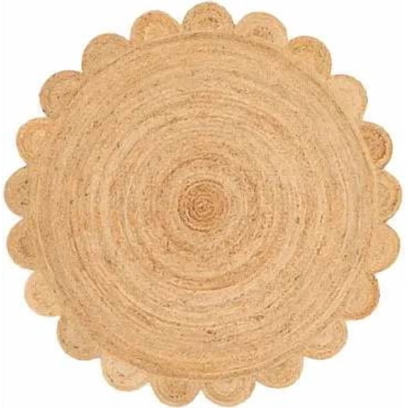KALVEERA Round Scalloped Jute Rug, Handmade Braided Natural Area Rug, Reversible Farmhouse Carpet for Living Room, Bedroom, Dining Room, Entryway, Boho Home Decor, Natural, 2' x 2'