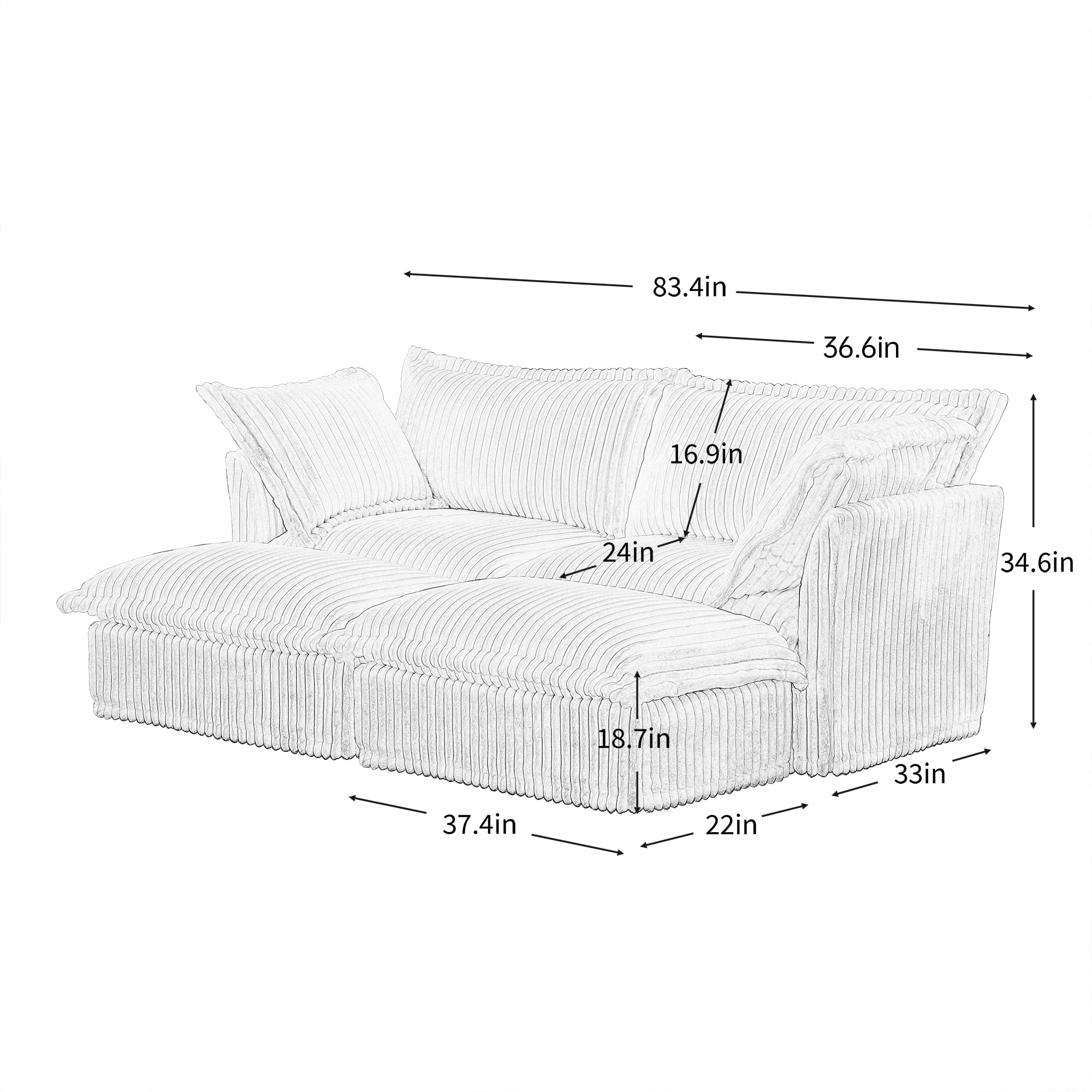 Gewnee Modern Corduroy Deep Seat Loverseat Seational Sofa Couches With 2 Ottomans,Comfy Cream Corduroy Sofa for Living Room,Apartment