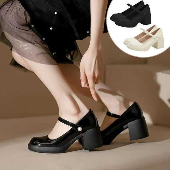 Shoes for Women New Mary Jane Shoes Women Fashion High Heel Thick Bottom Buckle Bead Round Head Retro Single Shoes Mid-heeled ShoeBlack7