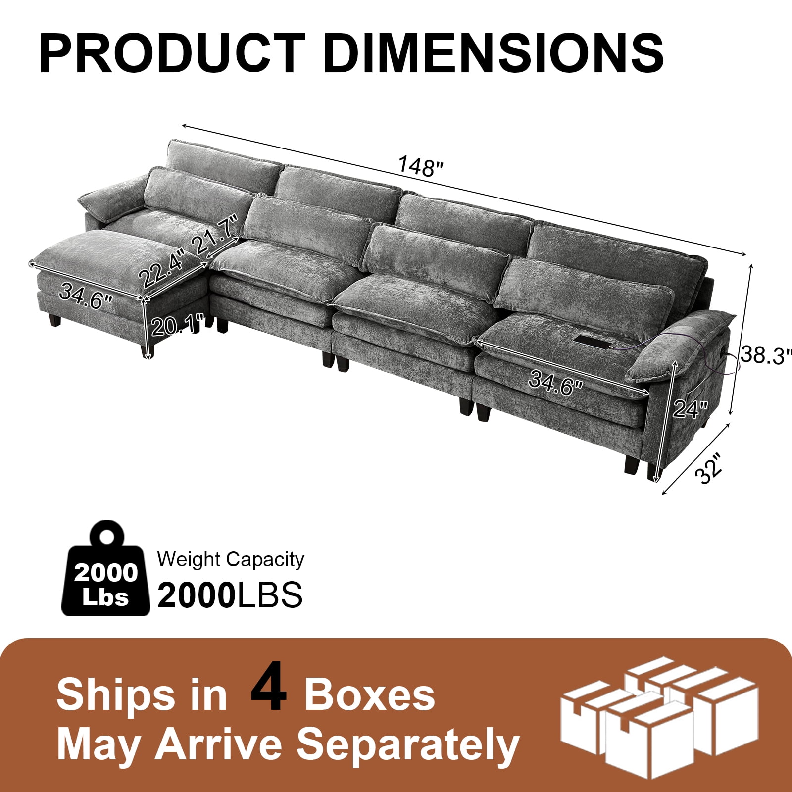 Howcool 148" Modular Sectional Sofa , 4 Seater L-Shaped Cloud Couch with Movable Ottoman, USB Charging Ports & Side Pockets, Sectional couchs for Living Room,Chenille Fabric,Grey
