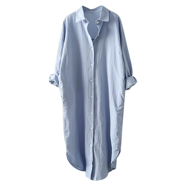 RKSTN Chemises à Manches Longues pour Femmes Mode Couleur Unie Rayure Coton et Lin Décontracté Ample Haut Chemise Manteau avec Poches