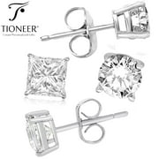 Sterling Silver 925 Solid Round or Square Brilliant Cut Cubic Zirconia Men Women Ear Stud Earrings
