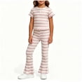 thumbnail image 3 of Lumosvexa Girls Summer Outfits 2 Piece, Short Sleeve Knitted Top and Flare Pant Striped Print Fall Soft Breathable Home Sets Pink 10-12, 3 of 6