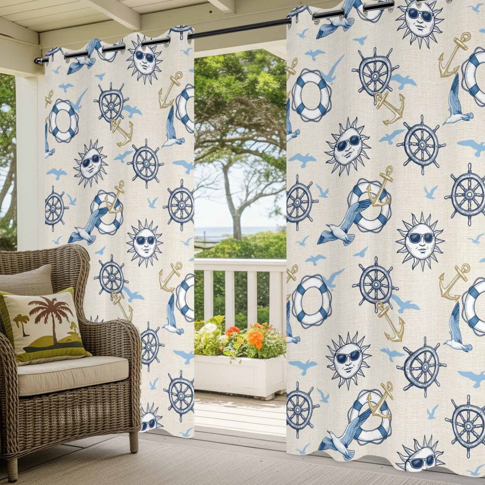 Summer Nautical Outdoor Curtains for Patio, Cartoon Sun Coastal Anchor Rudder Cute Seagull Retro Sunshade Privacy Drapes Grommet Waterproof Outside Curtains for Porch Balcony 54"x 108", 1 Panel
