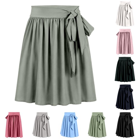 XIAONU Women's Tie Wrap Skirt High Waist Pleated A Line Midi Casual Bottoms