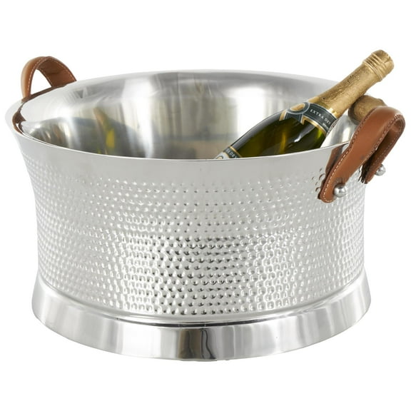 DecMode Round Stainless Steel Metal Hammered Silver Ice Bucket with Brown Leather Handles