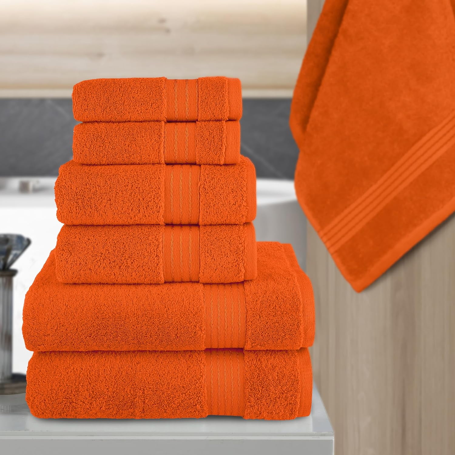 6 Piece Towel Set, 100% Turkish Cotton Soft Absorbent Towels for Bathroom, 2 Bath Towels 2 Hand Towels 2 Washcloths, Orange