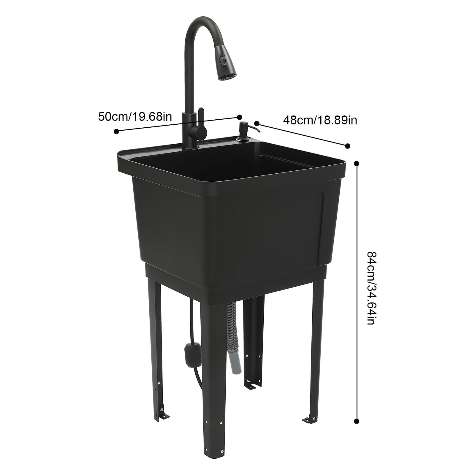 Freestanding Laundry Sink, 60L Black Utility Sink with Complete Accessory Kit, Standing Washing Basin for Garage Garden Laundry Room