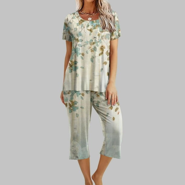 Puntoco Conjunto de pijama y pantalones de manga corta con cuello redondo y estampado para mujer con bolsillos Puntoco Puntoco-2650