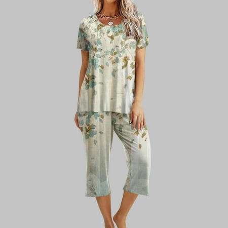 

Summer Savings Clearance! Edvintorg Summer 2 Piece Outfit Women s Printing Round Neck Short Sleeve Sleepshirt And Pants Sets Loungewear Pajamas With Pockets Green L