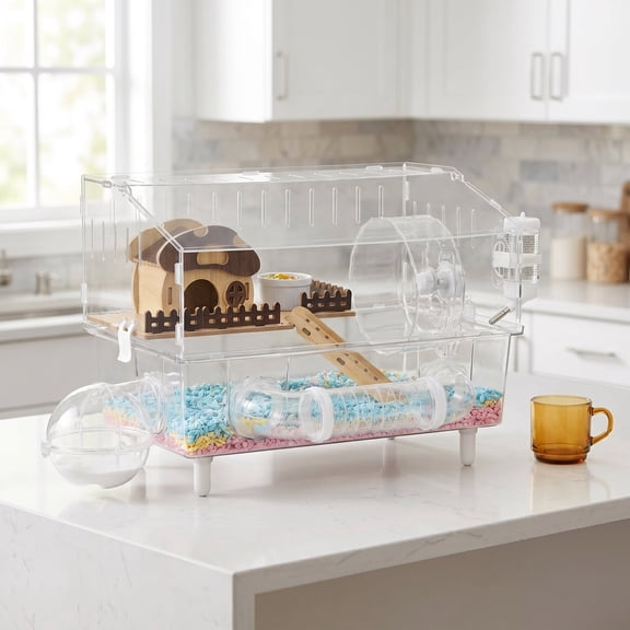Acrylic Hamster Cage 8 in 1, Gerbil Cage with Accessories, Clear Hamster House, 17.72"x12.20"x7.09"