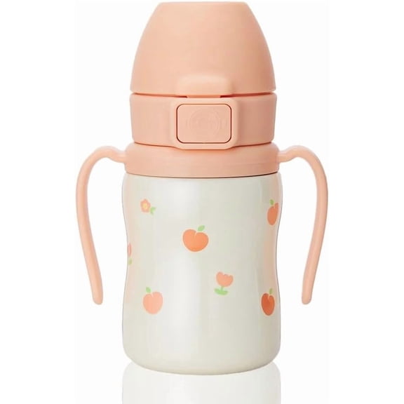 Stainless Steel Spill-Proof Straw Cup with Flip-Top Lid and Rotating Handles for Toddlers 12 Months and Up Peach 6 Ounces