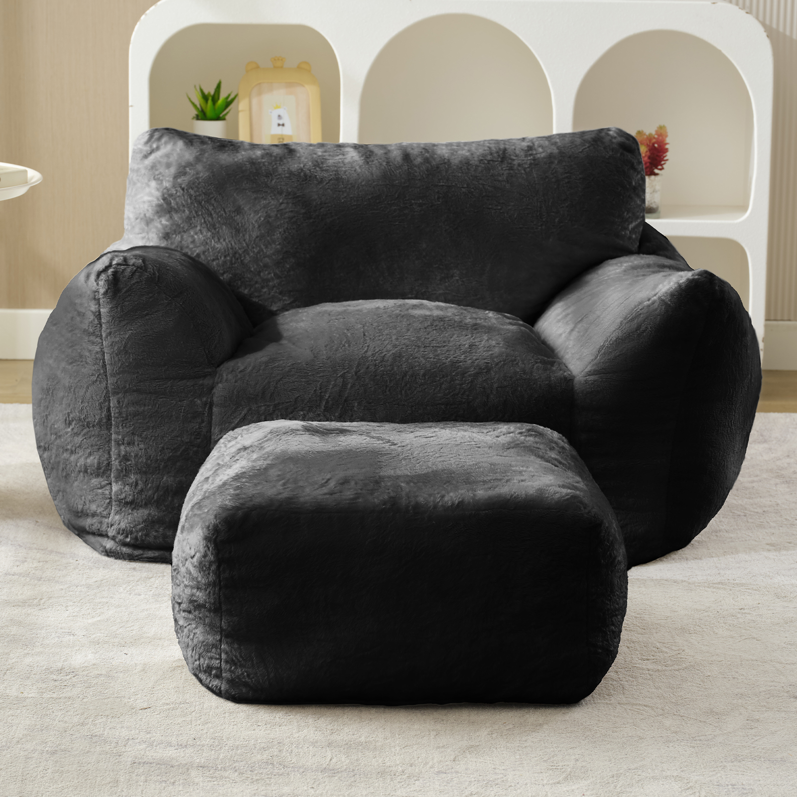 Puremind Bean Bag Chair for Kids and Adults, Oversized Bean Bag Couch with Ottoman, Faux Fur Lazy Sofa Chair for Living Room/Apartment/Bedroom, Dark Gray